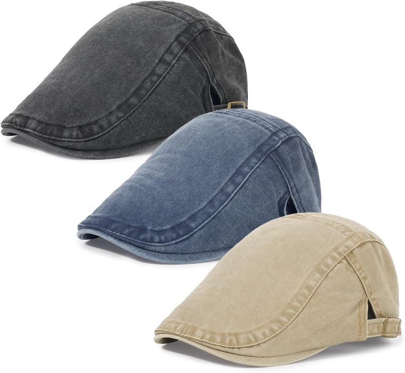 Qlauca Store 3Pcs Men's Newsboy Caps Washing Cotton Cooling Lightweight Scally Cap for Men Adjustable Flat Cap - Image 1